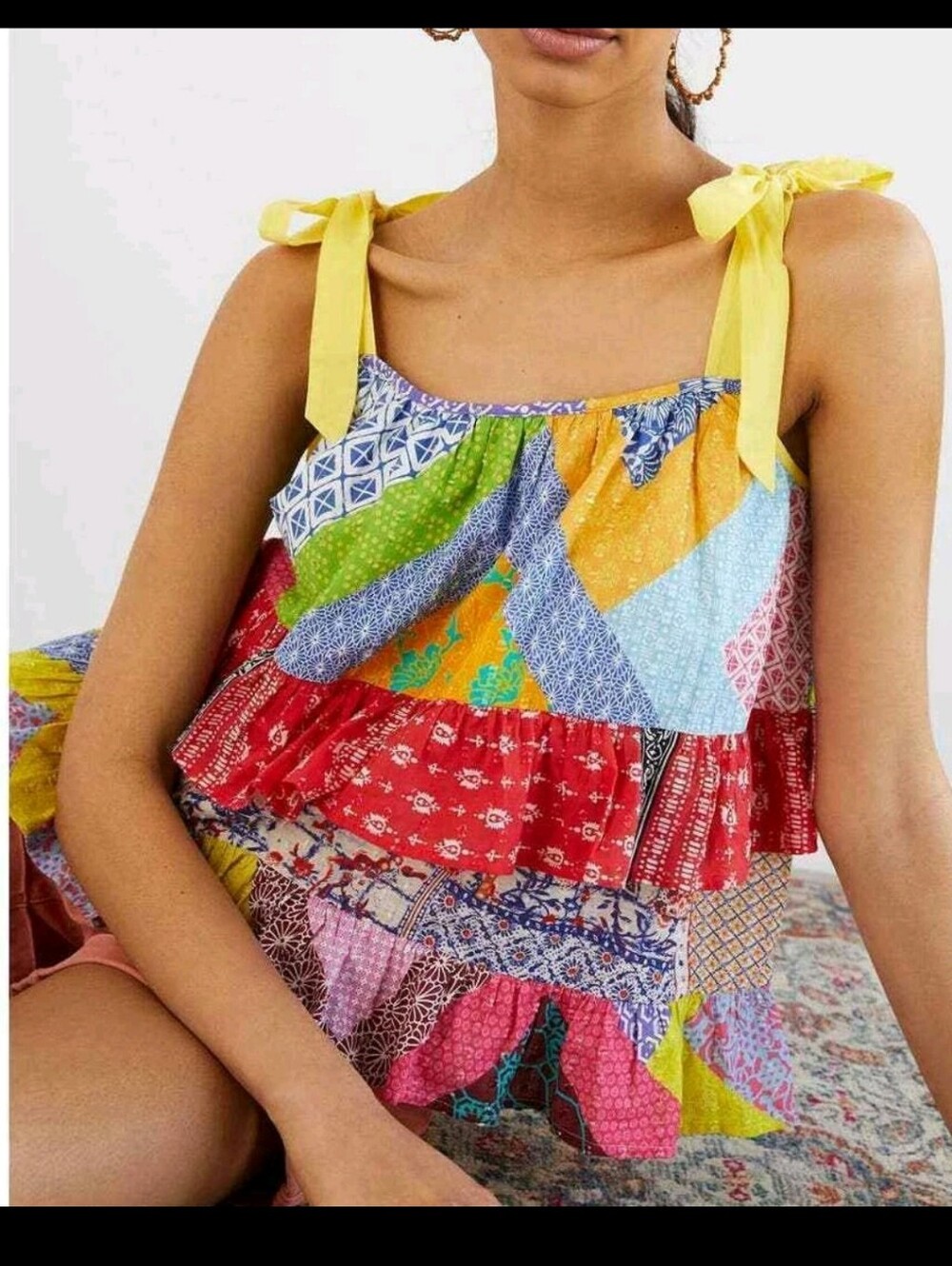 Let Me Be Patchwork Tie Shoulder Ruffle Tank Top